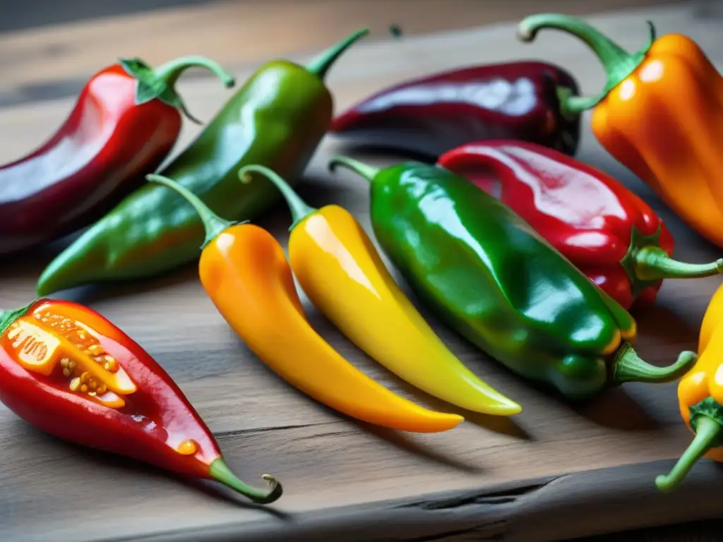 Una variedad de ajíes peruanos en una mesa rústica, destacando sus colores y formas