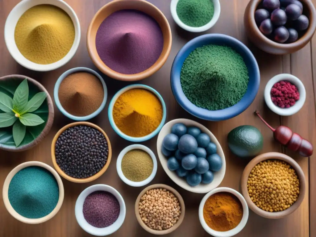 Una variedad de vibrantes superfoods peruanos para rendimiento deportivo, bellamente dispuestos en una mesa de madera