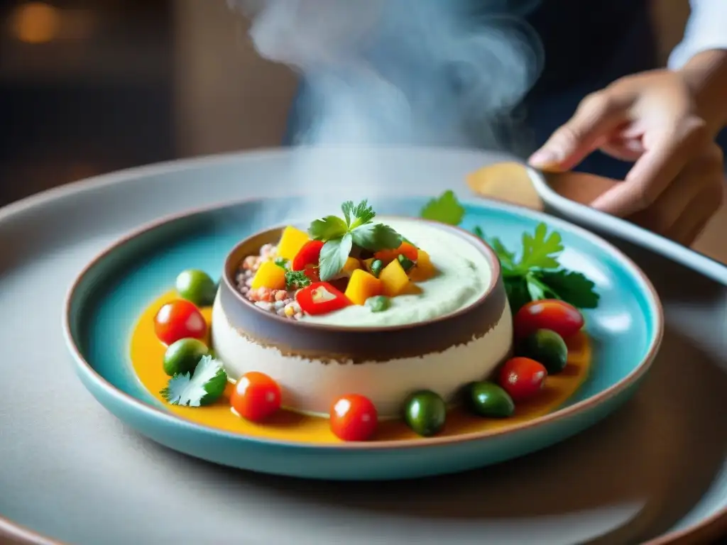 Una variedad de platos peruanos autóctonos fotográficos, como ceviche, causa rellena y lomo saltado, en un plato de cerámica rústico