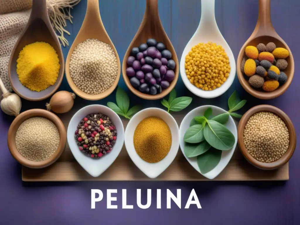 Variedad de superalimentos peruanos en mesa de madera rústica: quinoa, maqui, lucuma, maca y Sacha Inchi