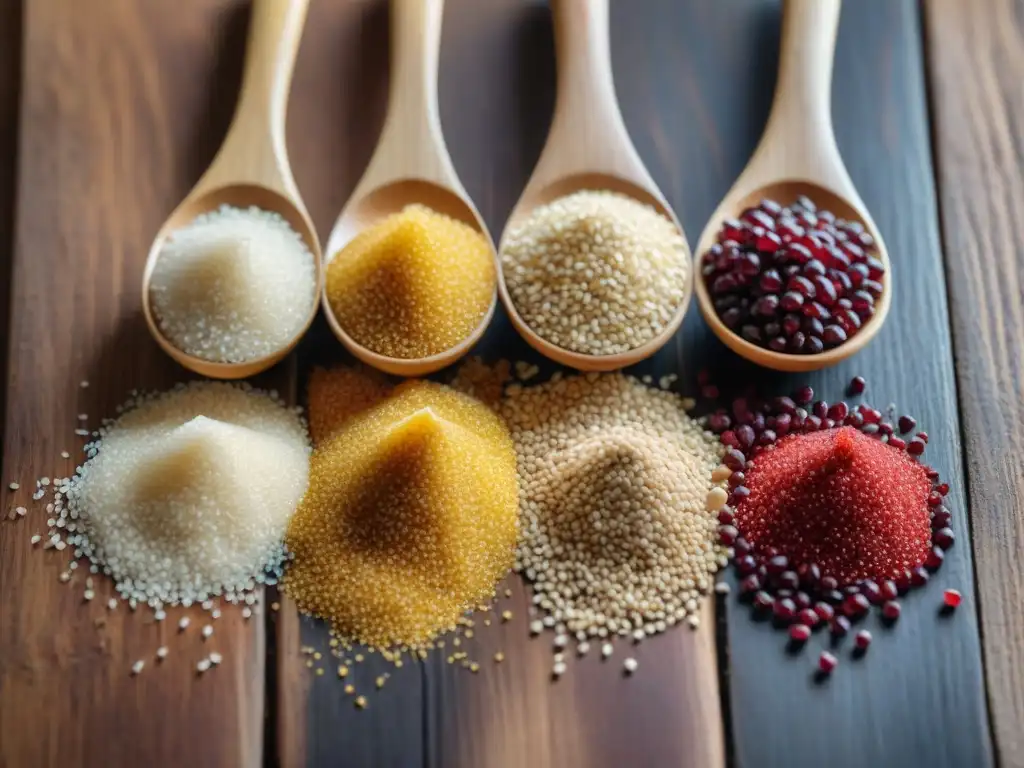 Variedad de supergranos andinos como quinoa, amaranto y kiwicha en una composición colorida y nutritiva en una superficie de madera rústica