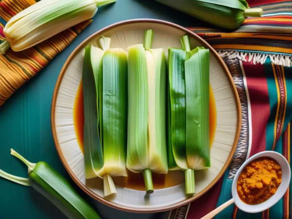 Variedad de tamales peruanos exquisitamente presentados en textil tradicional