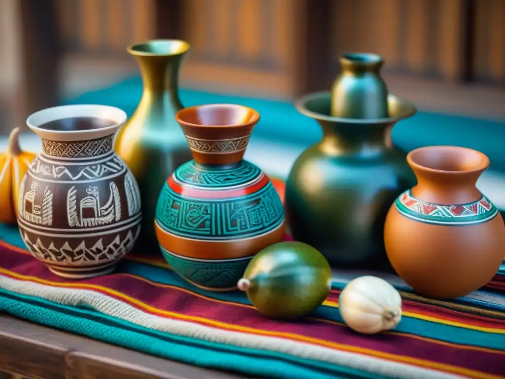 Una variedad de vasos tradicionales en la gastronomía peruana, decorados con motivos andinos coloridos, sobre una mesa de madera rústica