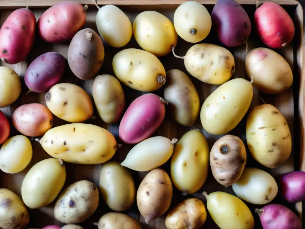 Variedad vibrante de papas peruanas en mesa rústica, resaltando diversidad