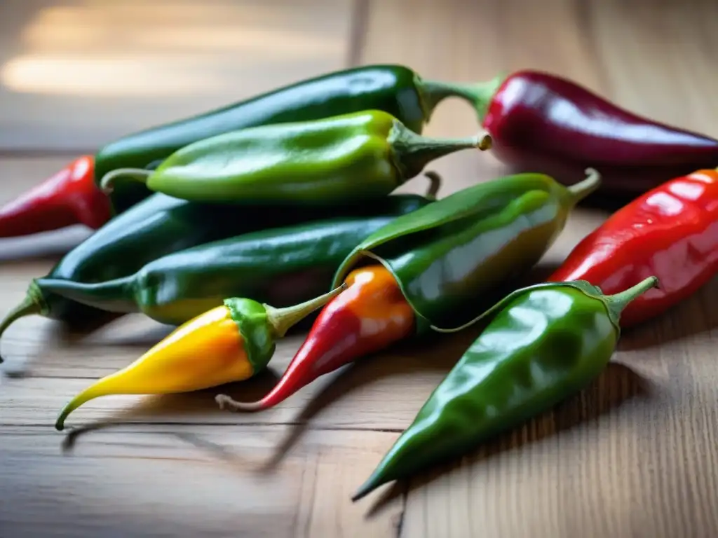 Variedades de ají en Perú: Coloridos chiles peruanos en mesa rústica, bañados por luz solar