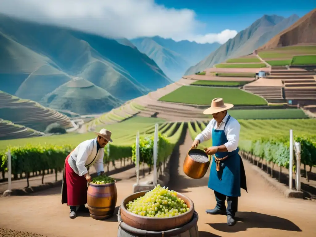 Variedades de Pisco Peruano: Artesanía en destilería tradicional peruana con trabajadores seleccionando uvas y destilando en alambiques de cobre