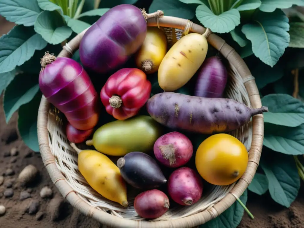 Variedades de tubérculos peruanos fotografiados en cesta rústica entre plantas de papa, mostrando diversidad y colorido