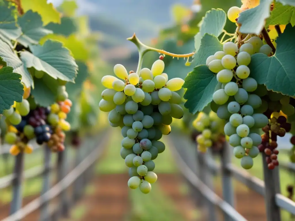 Dos variedades de uvas pisco, aromáticas y no aromáticas, se destacan en un viñedo al amanecer