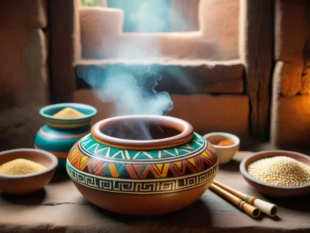 Una vasija de cerámica inca llena de chicha de quinua, en una cocina andina rústica