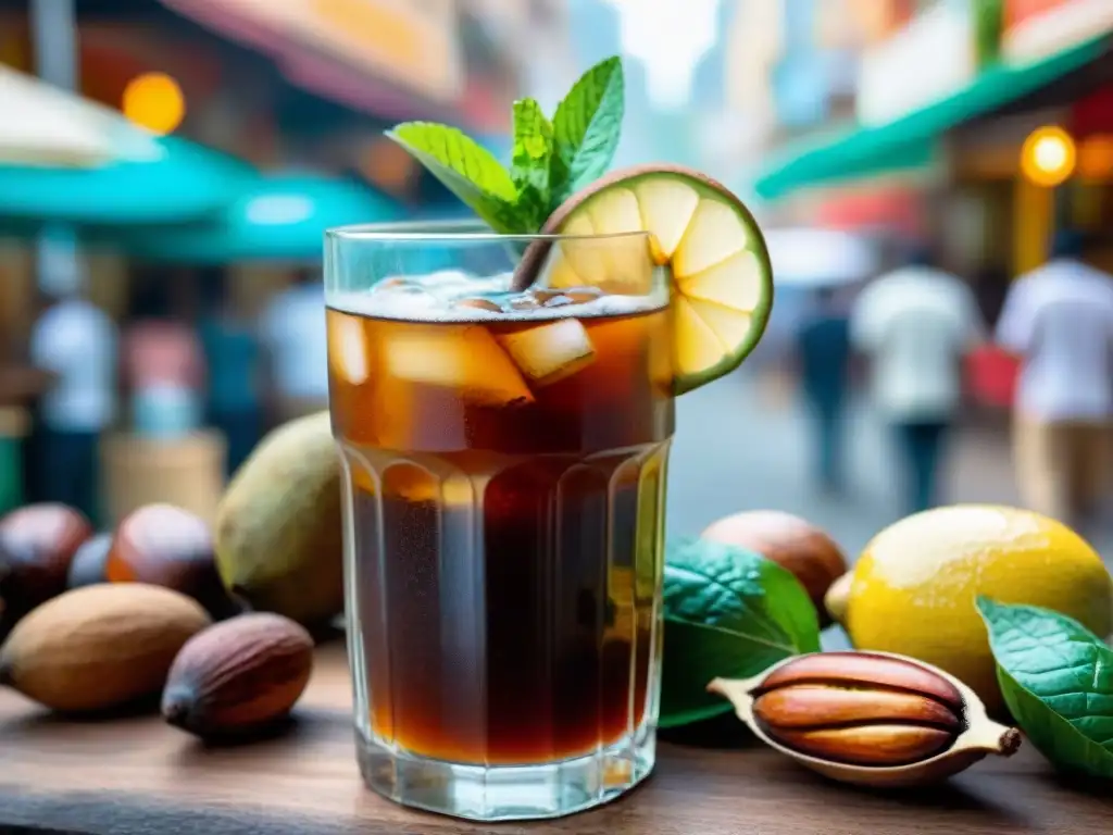 Refrescante bebida de tamarindo en mercado peruano Un vaso alto rebosante de refrescante bebida de tamarindo, con lima y menta, en un mercado peruano vibrante