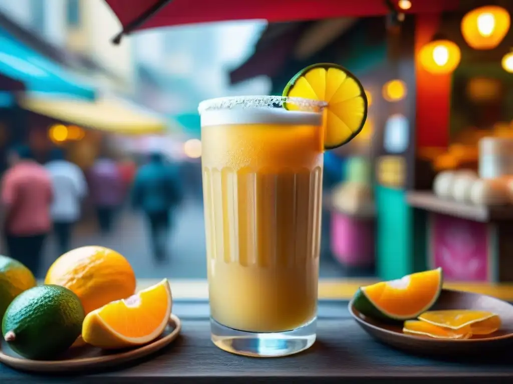 Un vaso helado con refresco de lúcuma peruana, decorado con fruta fresca en un mercado colorido