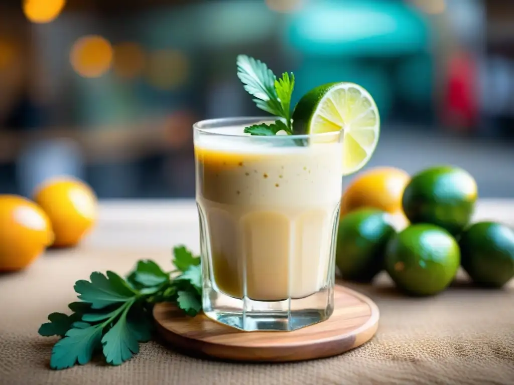 Un vaso de leche de tigre versión bebible, con cilantro y limón, en un mercado peruano