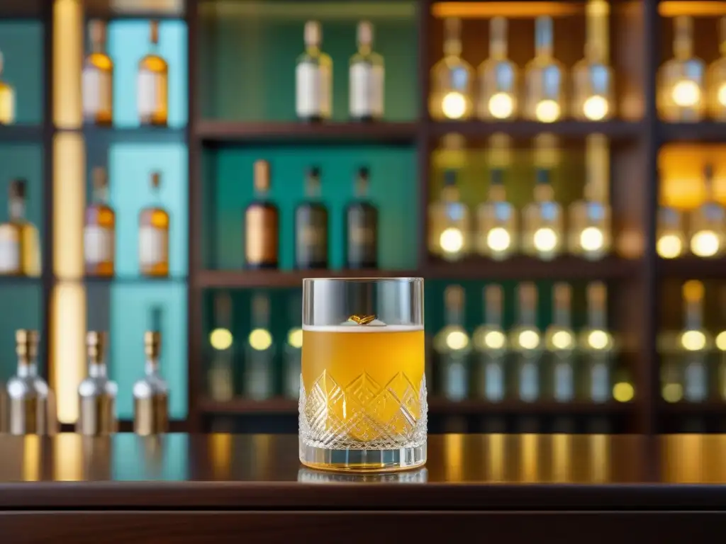 Un vaso de pisco grabado con motivos peruanos, lleno de licor dorado, en un elegante bar