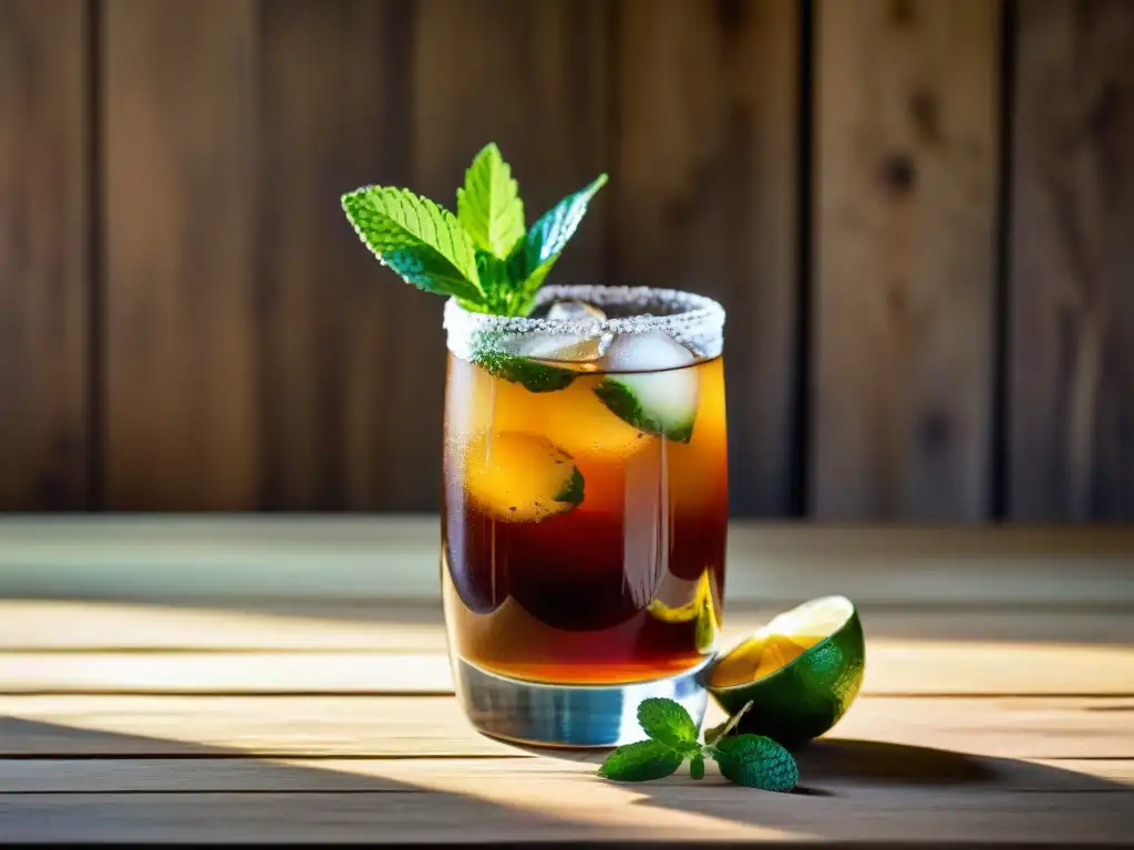 Refrescante jugo de tamarindo con lima y menta en vaso de vidrio Vaso de refrescante jugo de tamarindo con limón y menta sobre mesa rústica