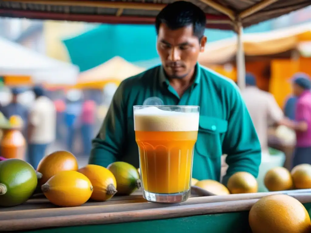 Un vaso de refrescante soda de lúcuma en un mercado peruano vibrante