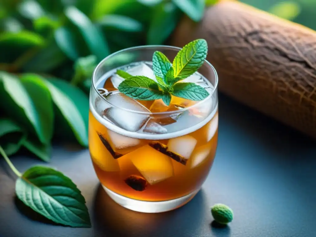 Refrescante bebida de tamarindo con hielo y menta Vaso de refresco de tamarindo con hielo y menta, rodeado de vainas verdes, evocando la receta refrescante de verano