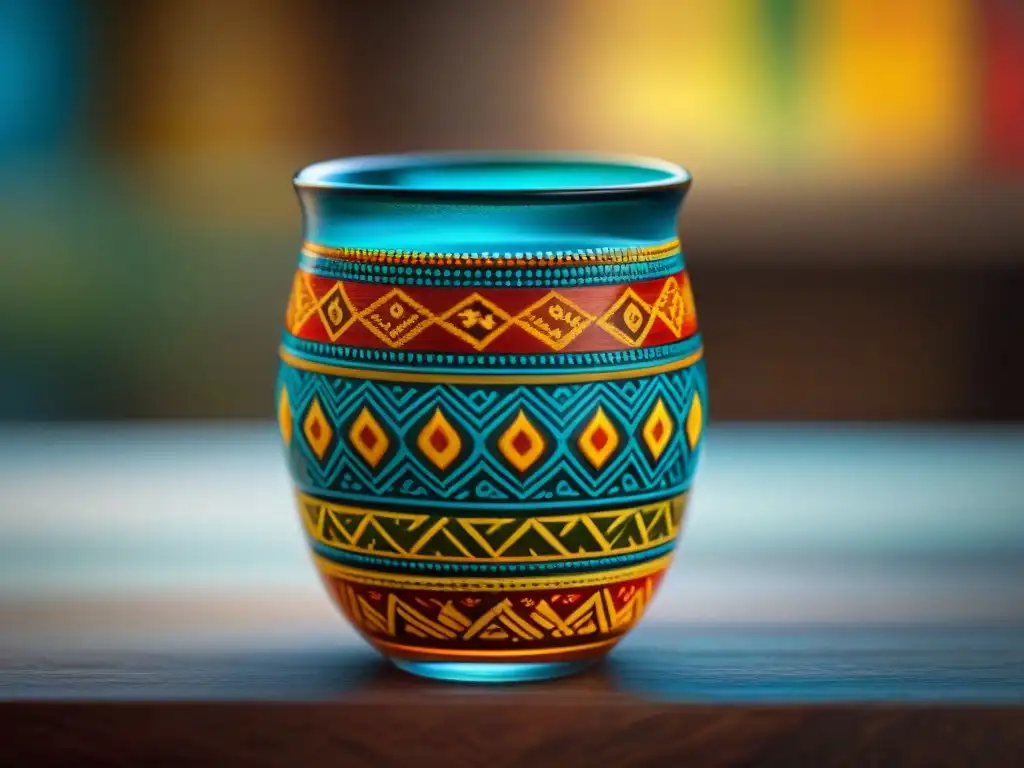 Un vaso tradicional peruano decorado con símbolos andinos, iluminado por luz natural cálida