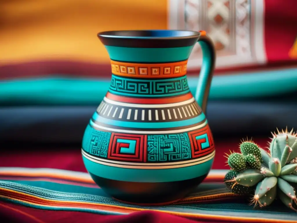 Vasos tradicionales en la gastronomía peruana: Detalles y colores vibrantes de vasijas decoradas con motivos indígenas en textiles y cerámica peruana