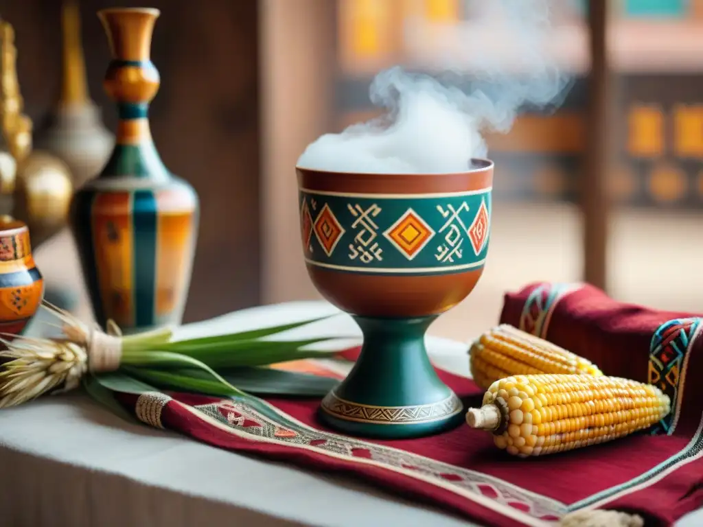 Vasos tradicionales en la gastronomía peruana: Chalice peruano con chicha en cocina andina