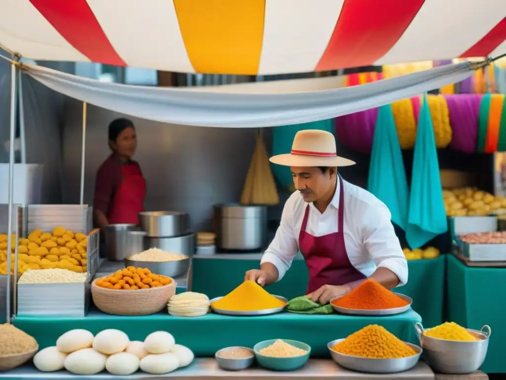 Un vendedor ambulante de picarones en un mercado peruano, mostrando la tradición y autenticidad de la receta de picarones