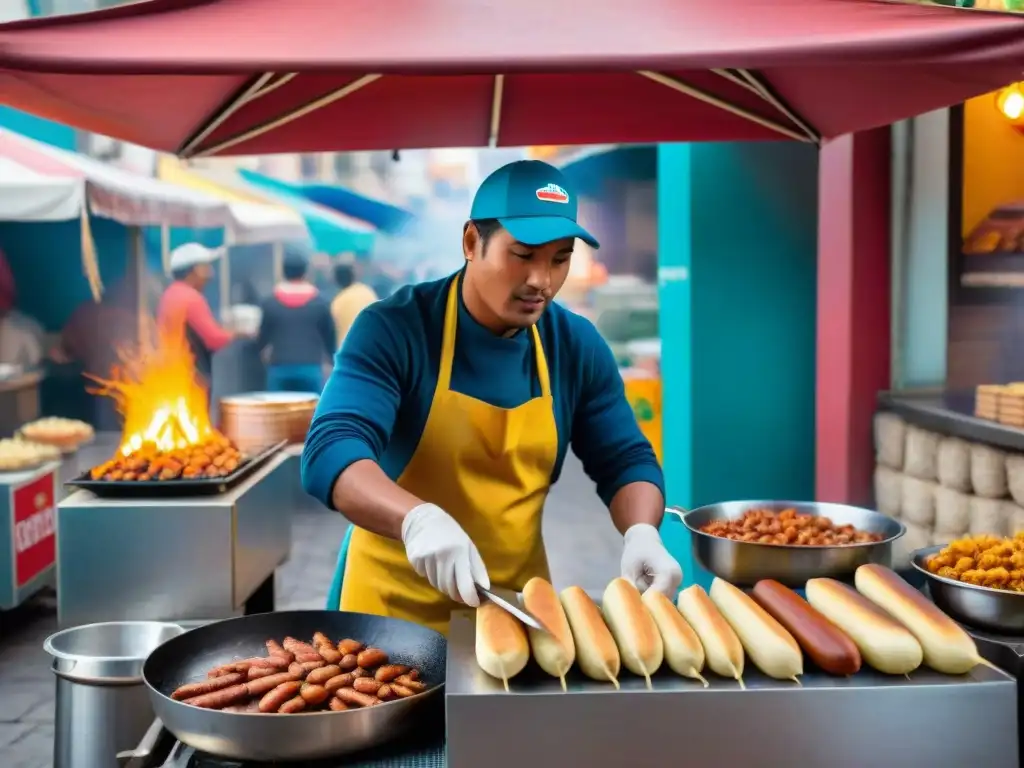 Un vendedor ambulante en Lima prepara salchipapas en la bulliciosa calle