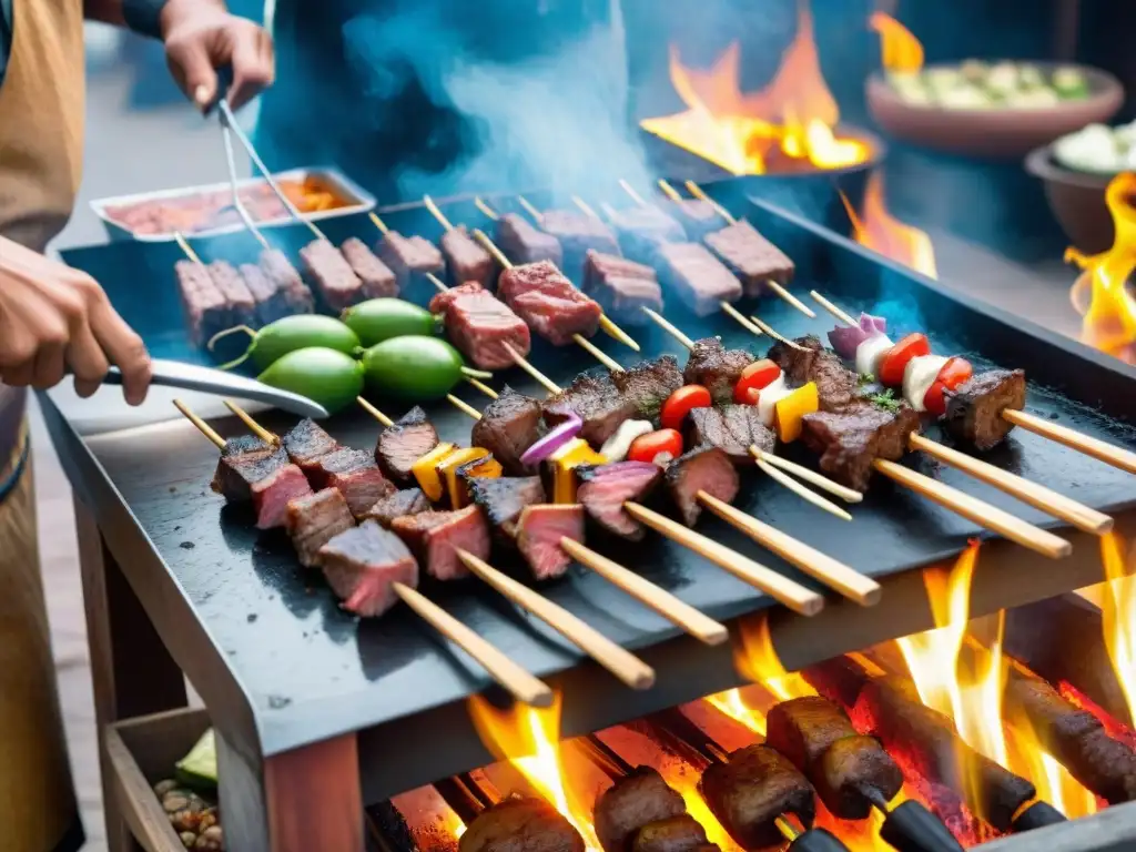 Un vendedor de anticuchos de corazón peruano experto en la parrilla en una bulliciosa calle