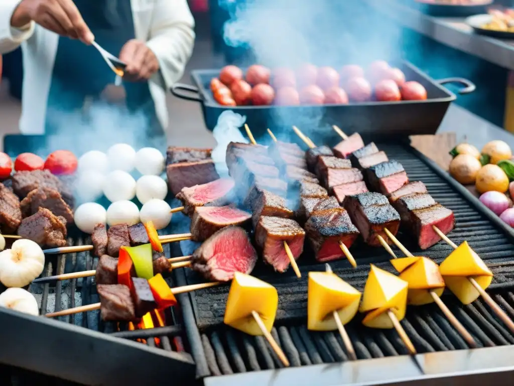 Un vendedor de anticuchos en Lima, Perú, expertamente asando corazón de res en un mercado bullicioso