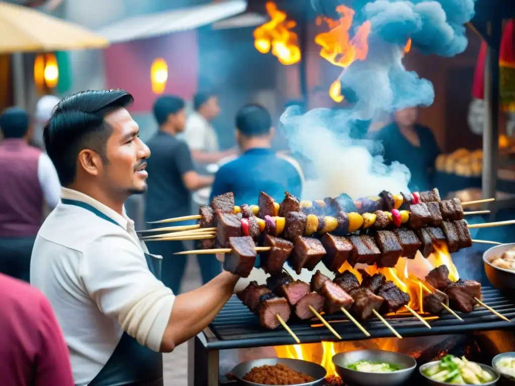 Un vendedor de anticuchos de corazón en Perú, rodeado de colorido mercado y humo hipnotizante