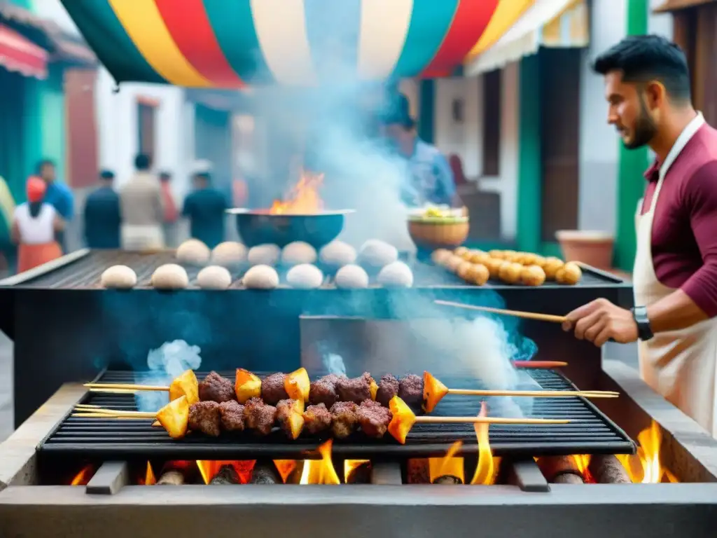 Un vendedor de Anticuchos de Corazón Peruanos en una animada calle de Lima, rodeado de textiles andinos coloridos y clientes ansiosos