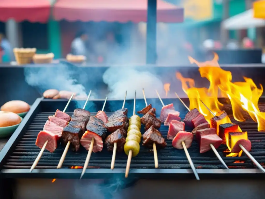 Un vendedor de anticuchos peruanos auténticos asando carne de corazón de res en una parrilla ahumada