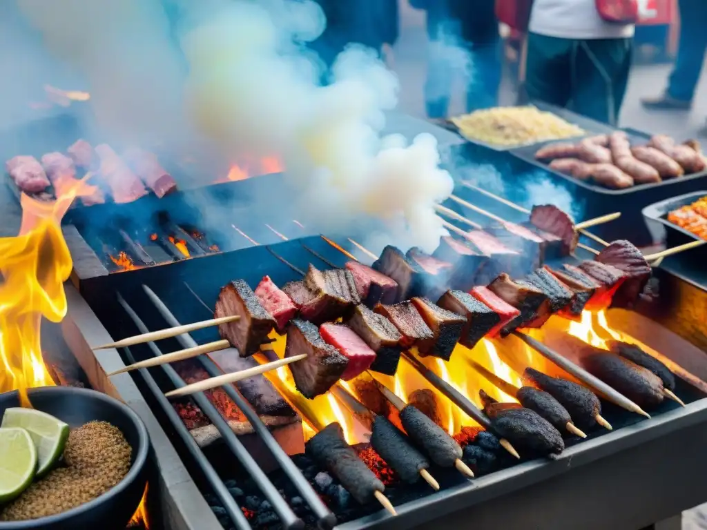 Un vendedor de anticuchos en Lima asa corazón de res a la parrilla en una calle