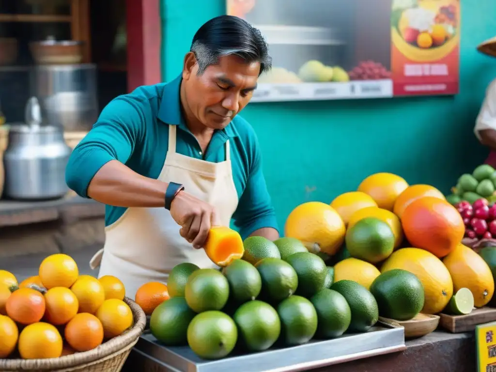 Un vendedor callejero en Lima prepara una Cremolada peruana refrescante y tradicional con frutas tropicales coloridas