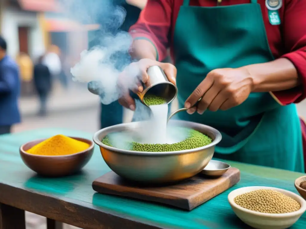 Un vendedor callejero preparando emoliente con ingredientes naturales en Lima, destacando los beneficios saludables del emoliente