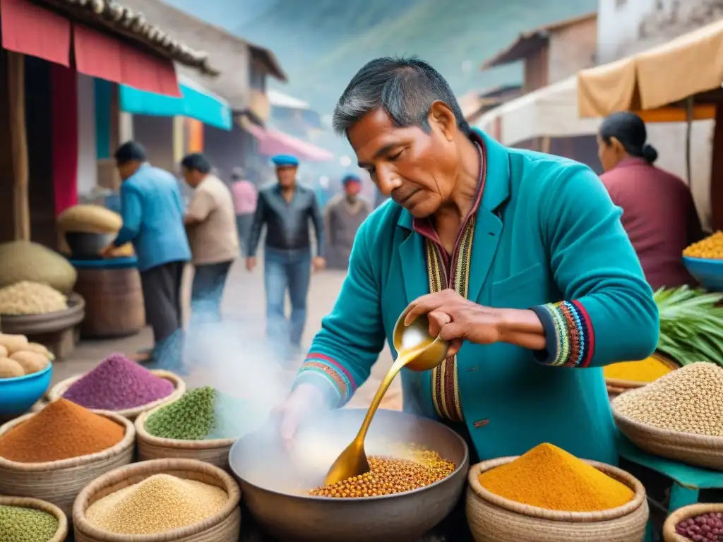 Un vendedor callejero en Perú prepara emoliente en un mercado bullicioso: historia receta emoliente peruana