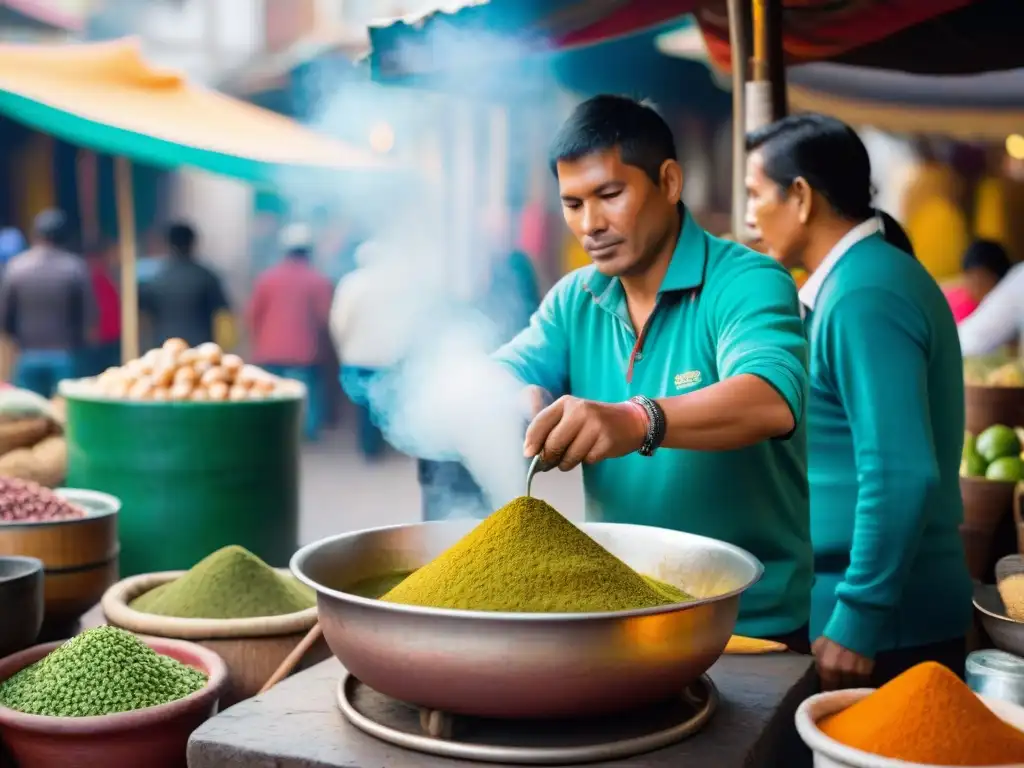 Un vendedor callejero preparando emoliente peruana en un mercado de Lima, historia receta emoliente peruana