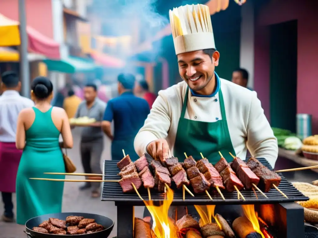 Un vendedor callejero en Lima experto en anticuchos de corazón de res, rodeado de locales ansiosos