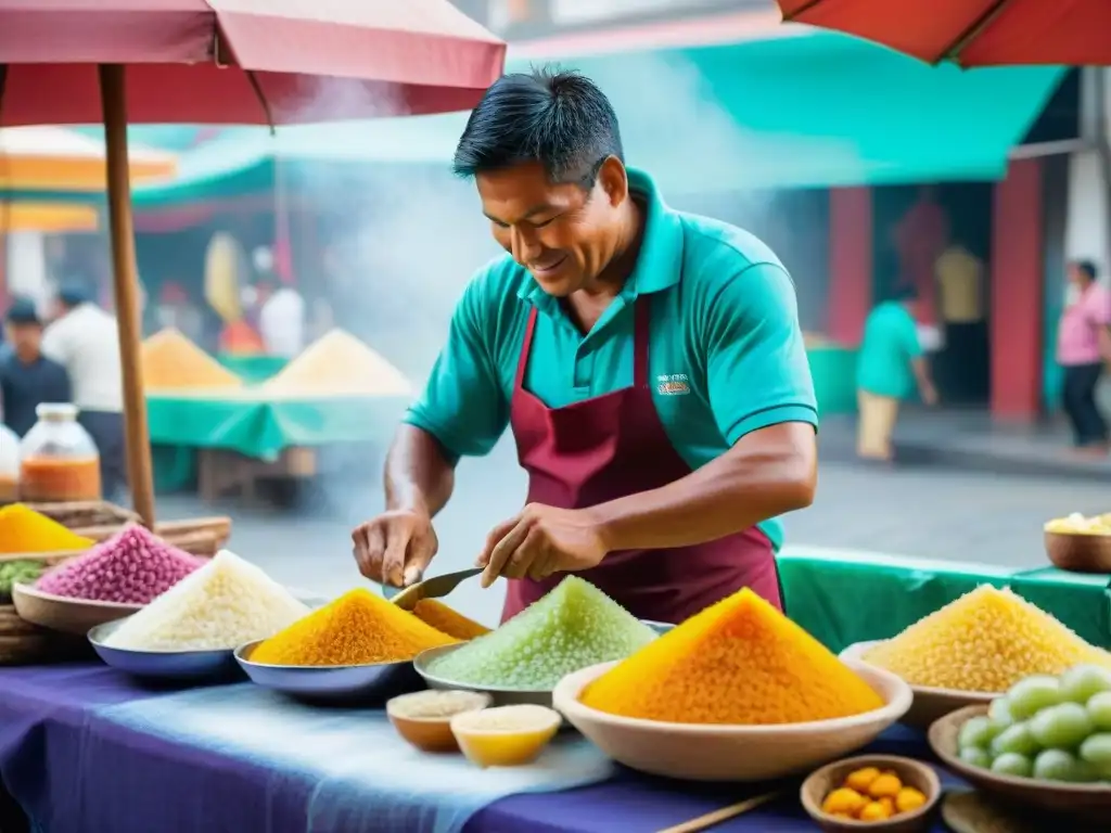 Un vendedor callejero peruano preparando una Cremolada refrescante y tradicional en Lima, con colores vibrantes y energía de mercado