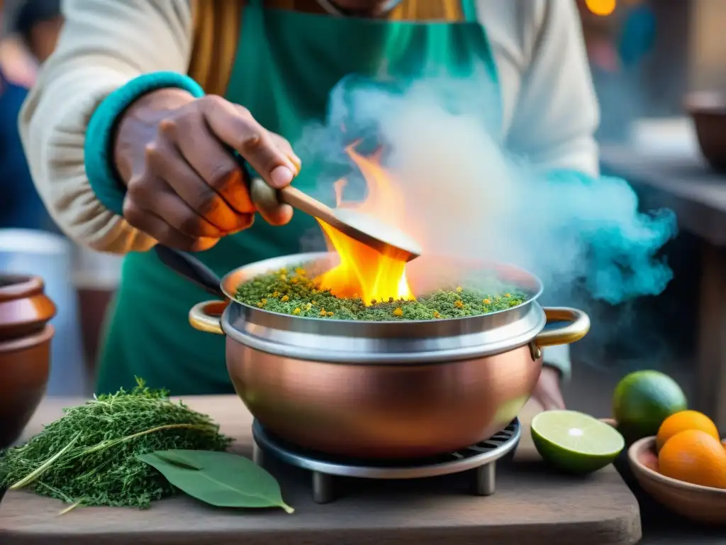 Un vendedor callejero peruano preparando emoliente, destilando los beneficios saludables del emoliente con maestría