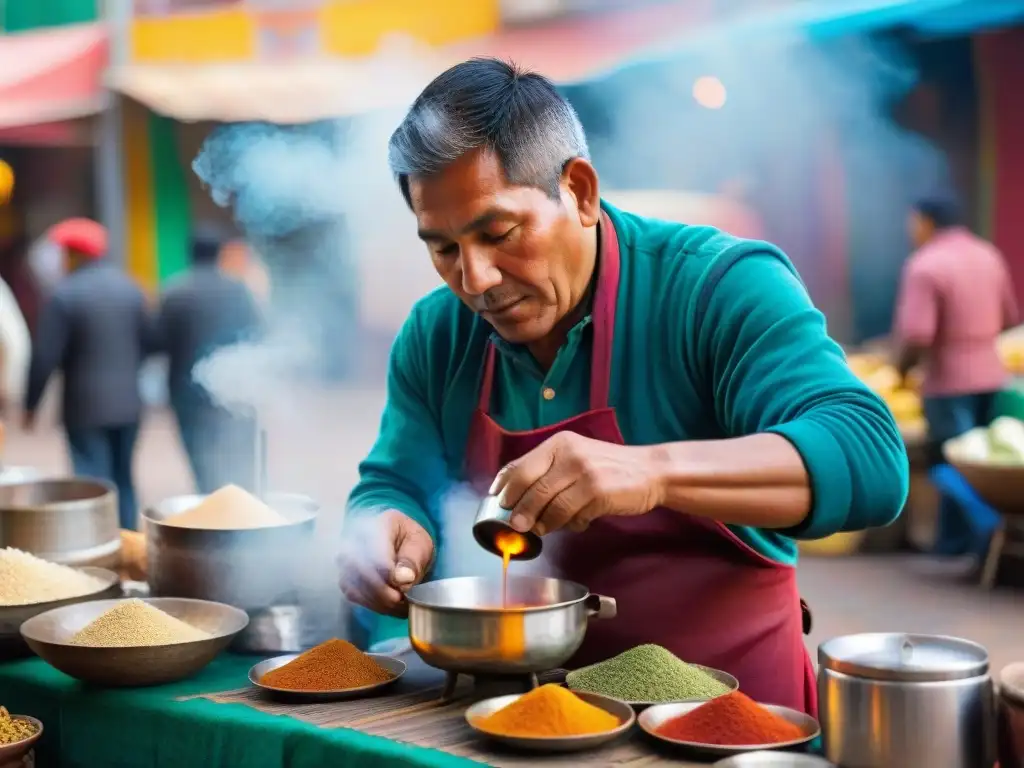 Un vendedor callejero peruano prepara emoliente en una escena vibrante de mercado, capturando la historia y receta de esta bebida tradicional