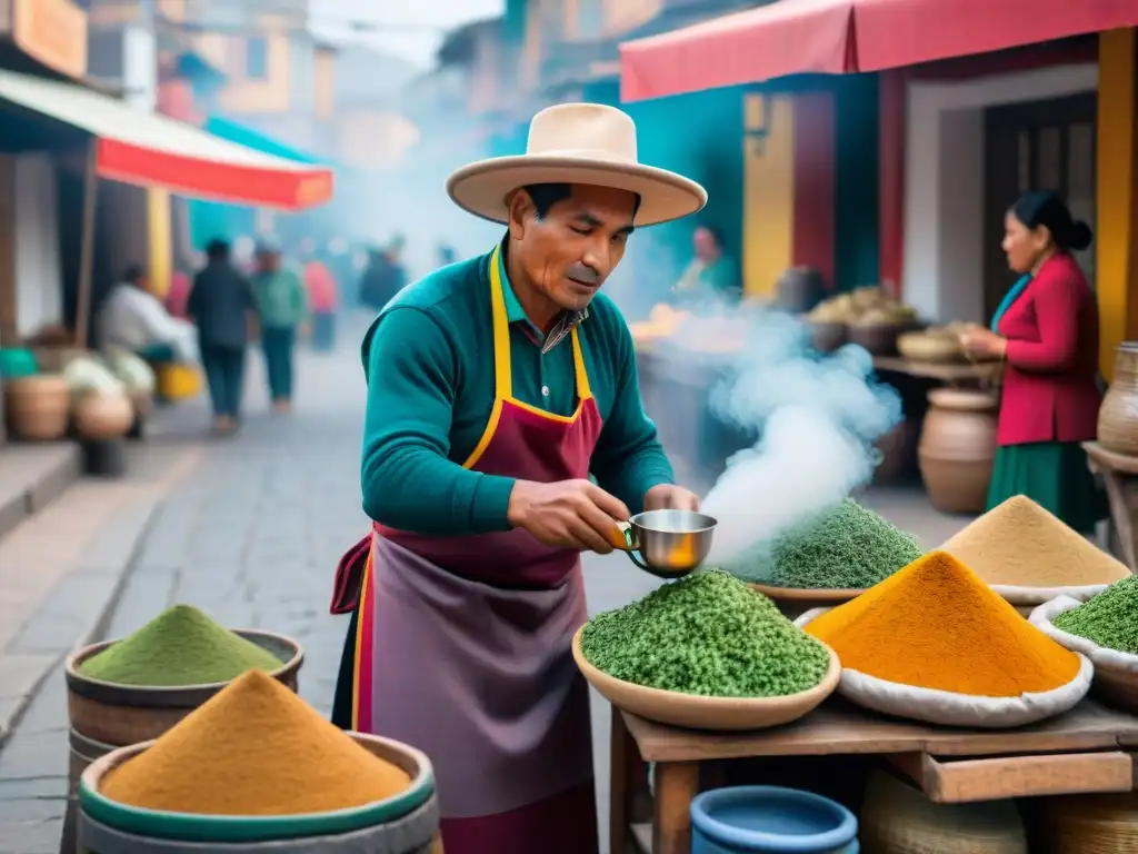 Un vendedor callejero peruano prepara una receta auténtica de emoliente en un bullicioso mercado peruano