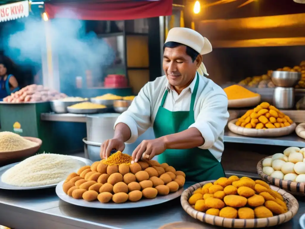 Un vendedor callejero en Perú prepara picarones con una receta auténtica, rodeado de ingredientes frescos y clientes ansiosos