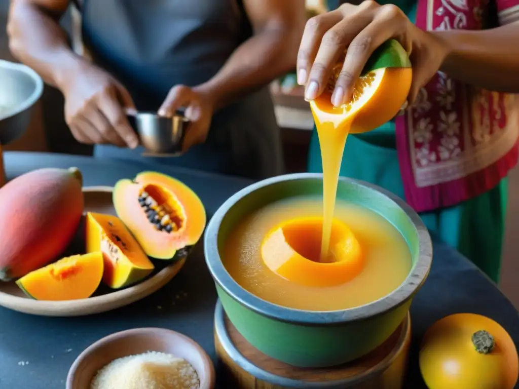 Un vendedor callejero en Arequipa prepara un refresco casero de papaya arequipeña en un mortero de madera, rodeado de ingredientes frescos y coloridos