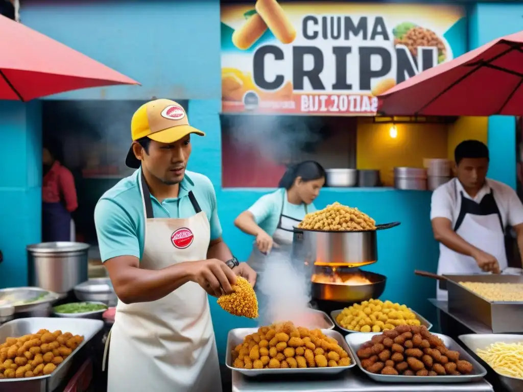 Un vendedor callejero en Lima, Perú, preparando salchipapas crujientes en una sartén