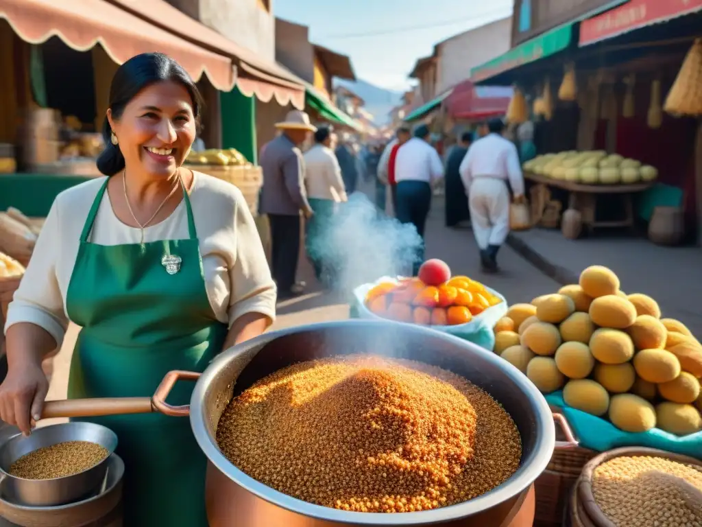 Un vendedor callejero prepara la tradicional receta de mote con huesillos en un bullicioso mercado chileno