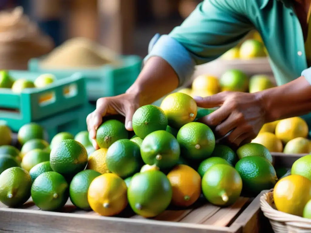 Un vendedor experto selecciona limas frescas en un mercado peruano, resaltando la importancia de ingredientes locales para coctelería de pisco