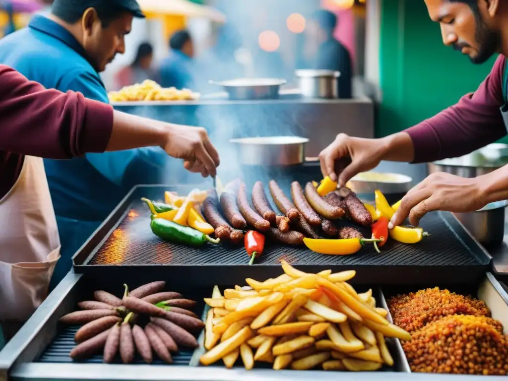 Un vendedor experto preparando salchipapas en un bullicioso mercado callejero de Lima, Perú