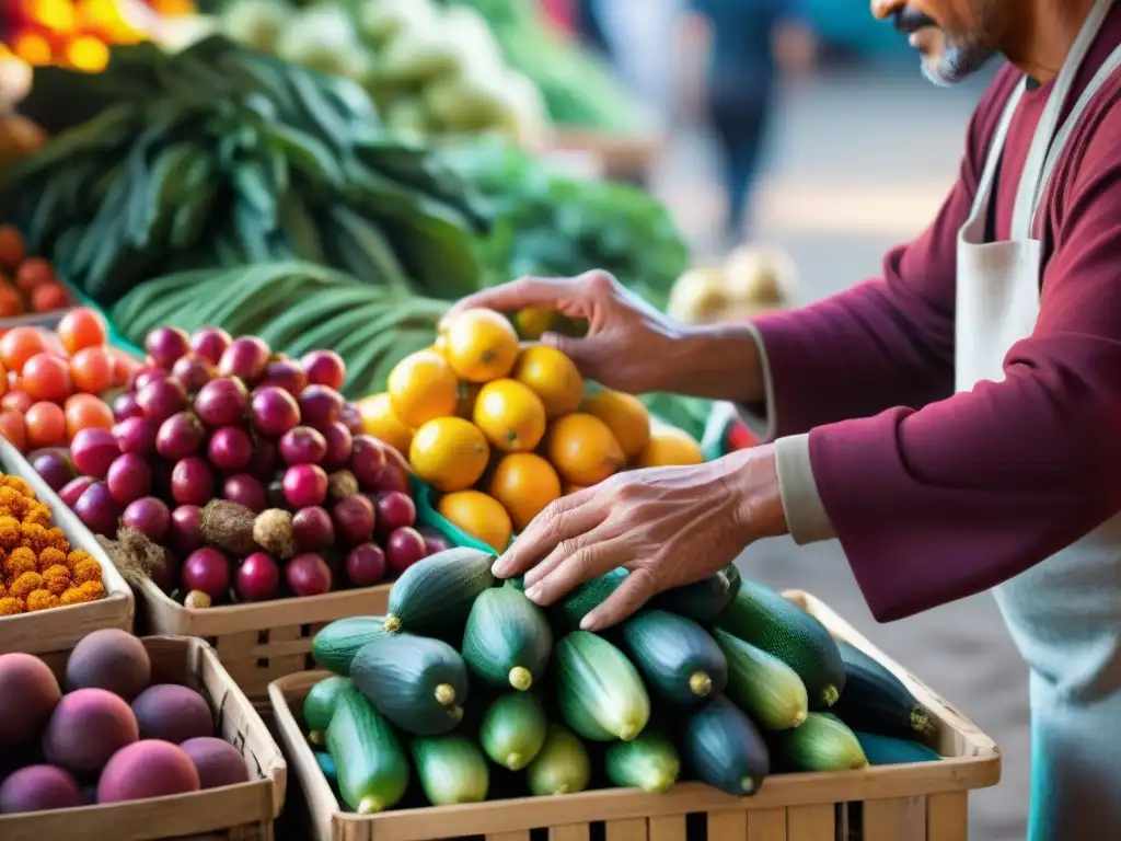 Un vendedor selecciona granadillas frescas en un bullicioso mercado peruano, destacando la textura y contraste de la fruta y sus manos