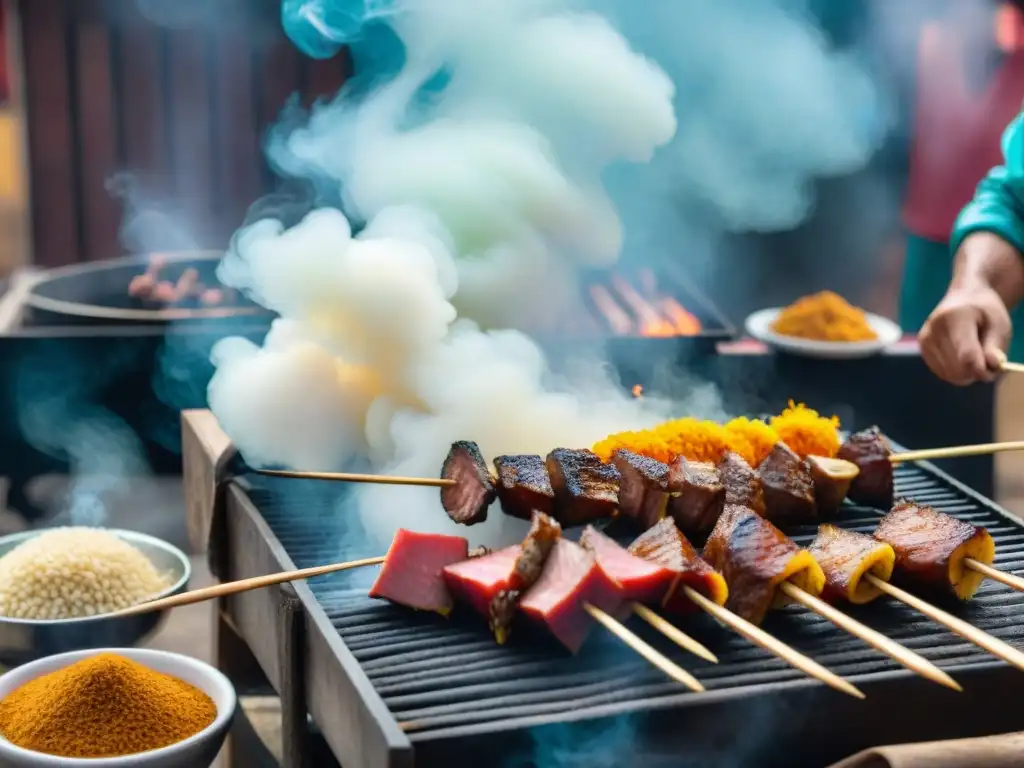 Un vendedor peruano preparando anticuchos de corazón con aji amarillo y especias en un carrito rústico