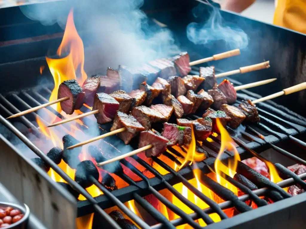 Un vendedor peruano preparando anticuchos de corazón en la parrilla en un mercado callejero