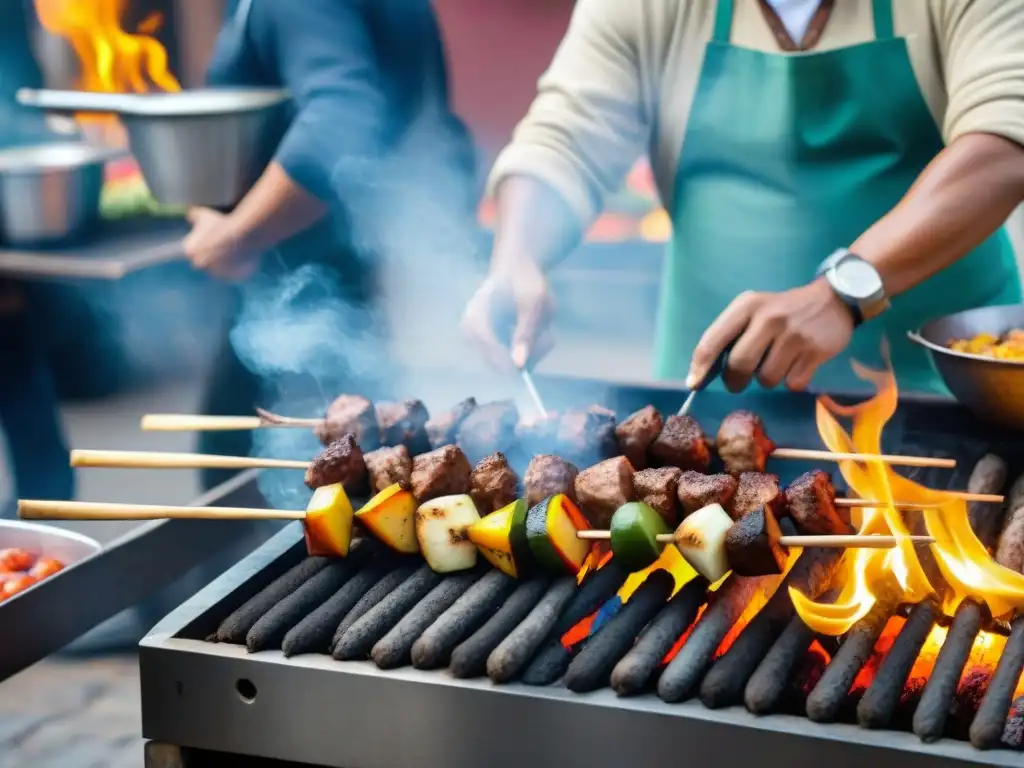 Un vendedor peruano de anticuchos tradicionales en Lima, con humo y fuego, en una escena vibrante